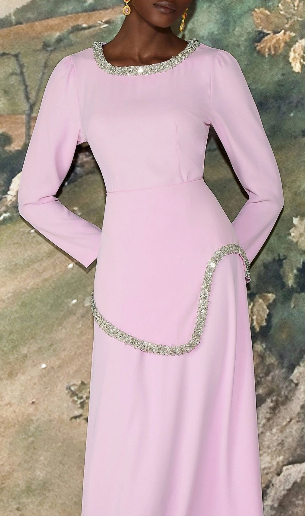 Damla Crystal & Rhinestone Embellished Pink Midi Dress - Elegant Three-Quarter Sleeve Gown