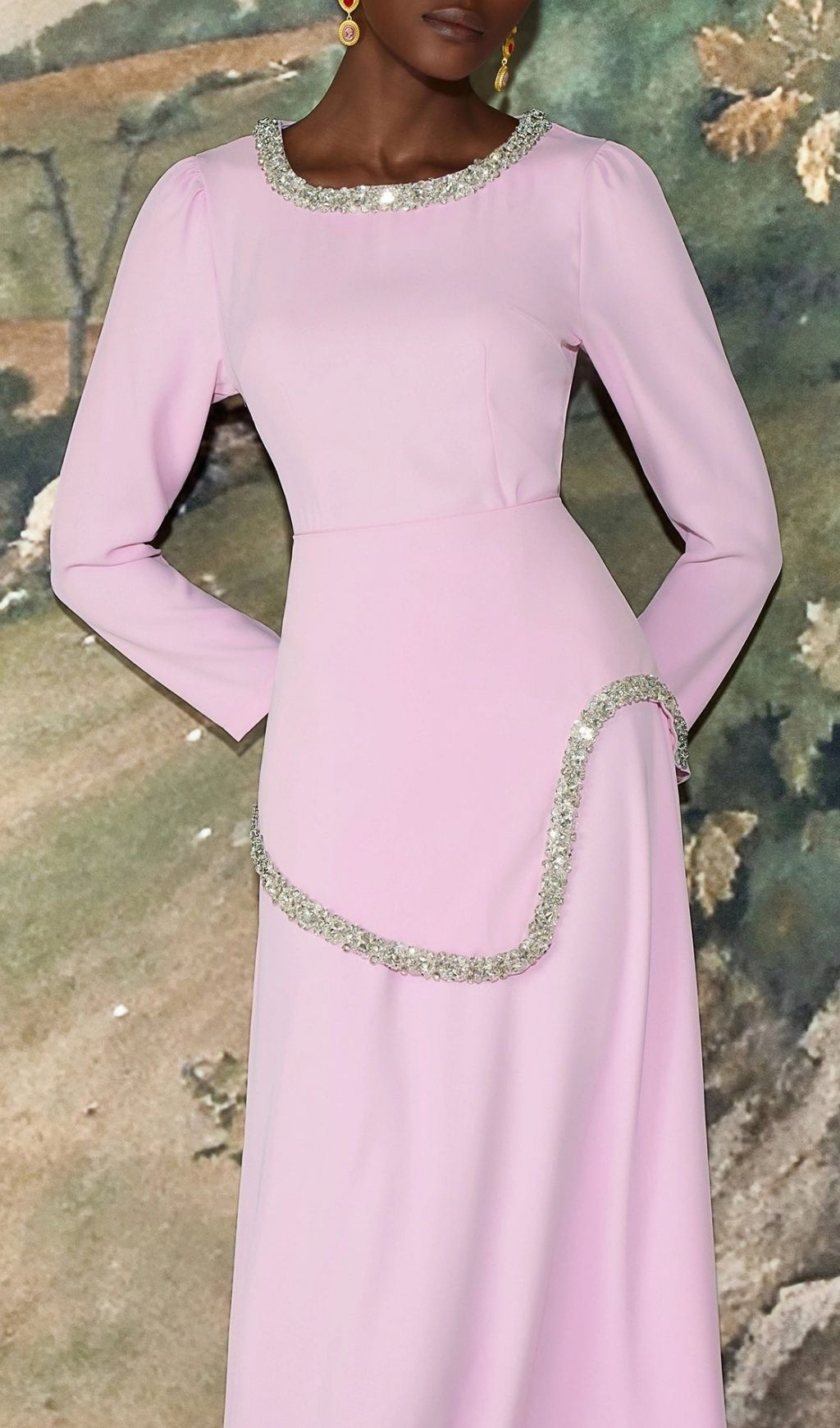 Damla Crystal & Rhinestone Embellished Pink Midi Dress - Elegant Three-Quarter Sleeve Gown