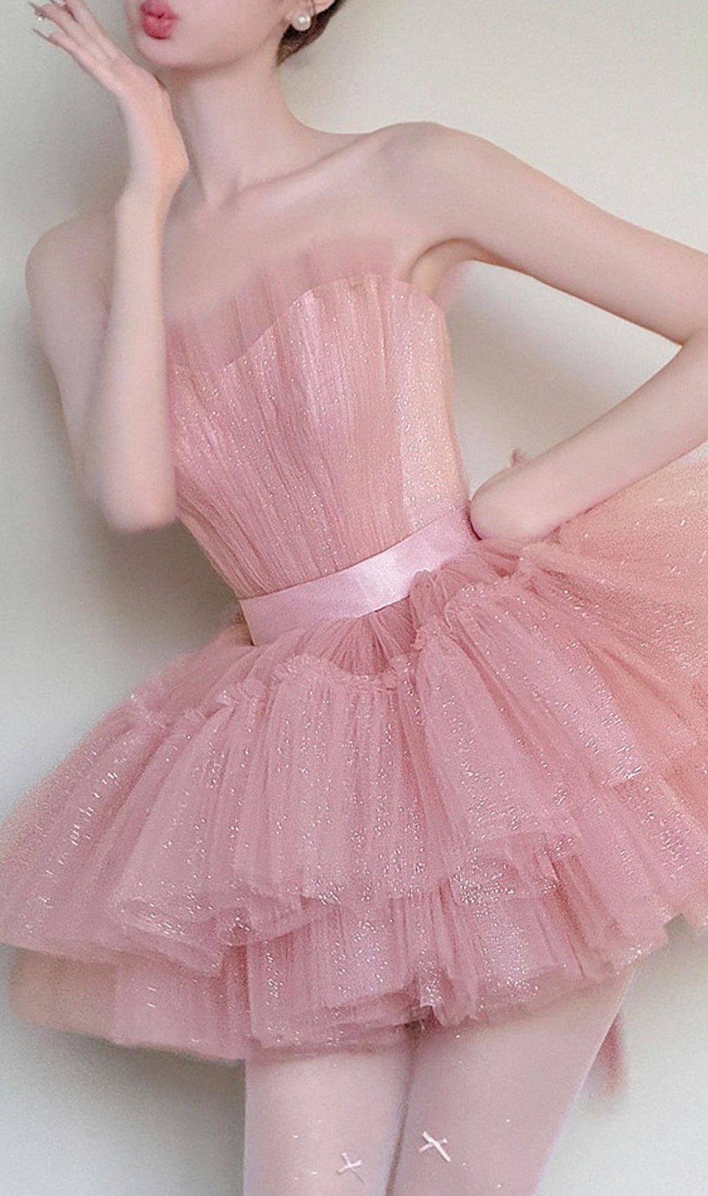 Kármen Pink Sparkle Mesh Mini Dress - Glamorous Tiered Party Dress