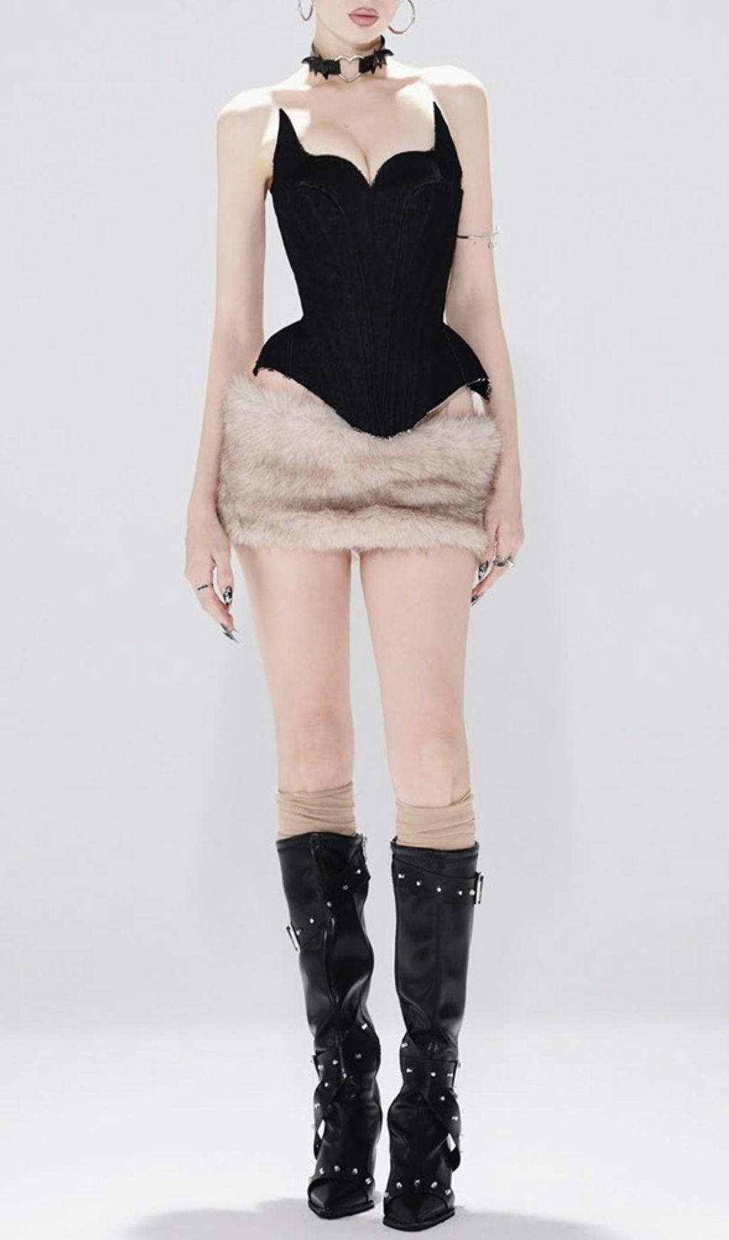 Jocelyn Edgy Corset Top & Faux Fur Mini Skirt Set - Gothic Chic