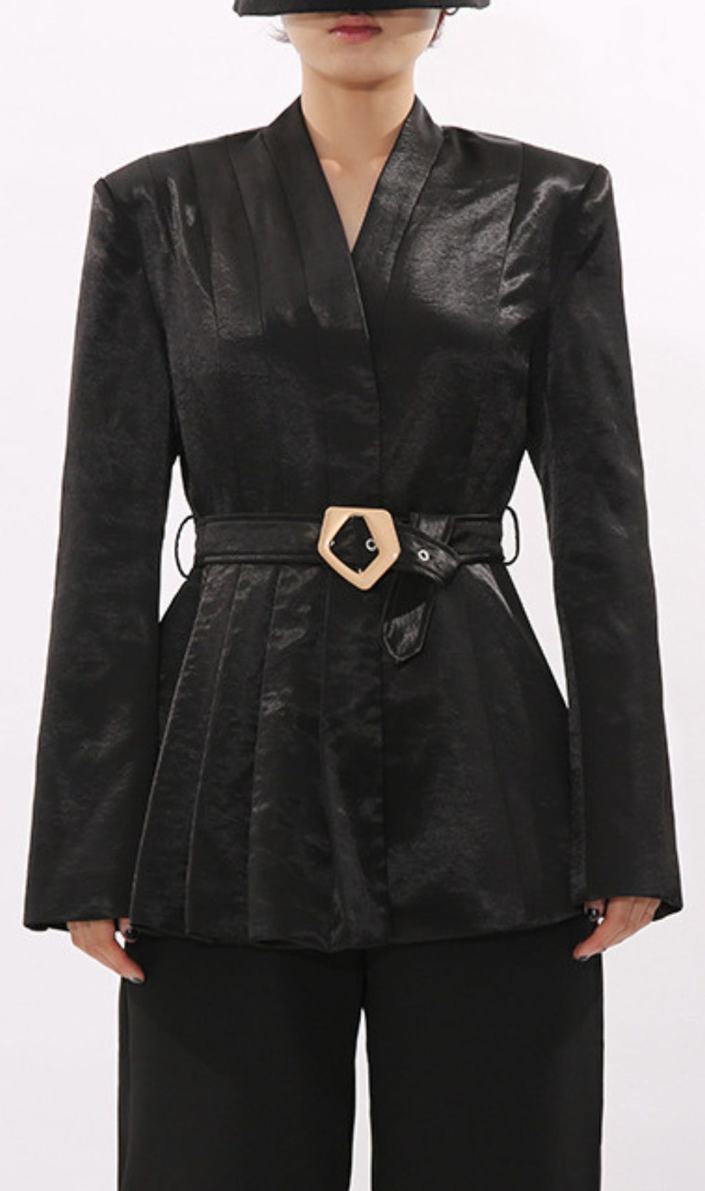Power Chic: Indigo Black Belted Blazer for Women | Tailored Kimono Jacket with Statement Buckle