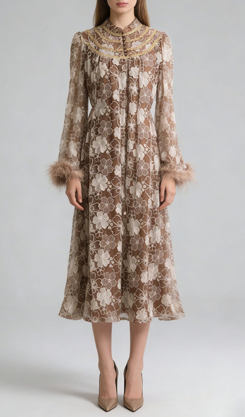 Jenner Floral Lace Midi Dress - Elegant Long Sleeve with Feather Cuffs