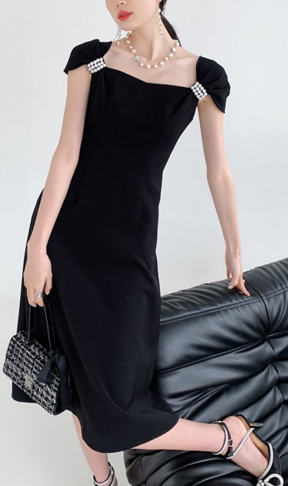 Pearl Half Sleeve Black Flowing Midi Dress