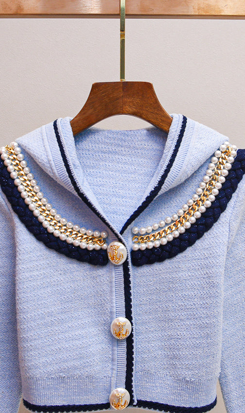 Humana Blue Beaded Cardigan | Chic Nautical Knit with Pearl & Anchor Details