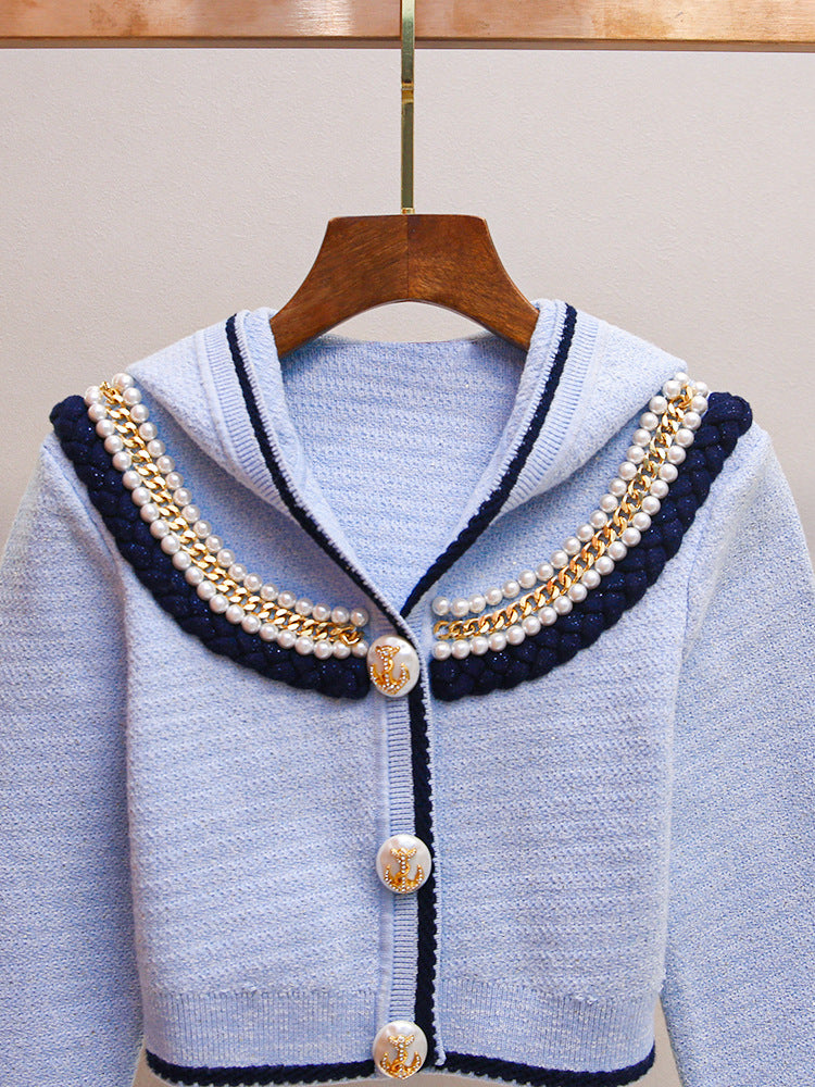 Humana Blue Beaded Cardigan | Chic Nautical Knit with Pearl & Anchor Details