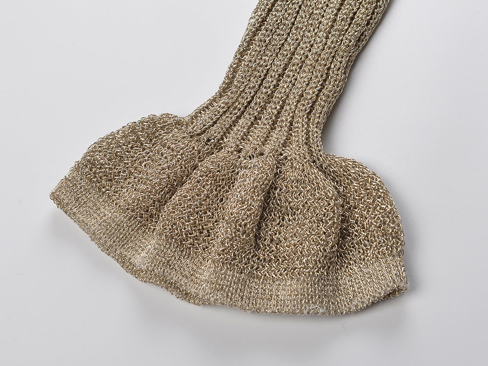 Shimmering Gold Ribbed Knit Midi Dress with Chic Chain Belt