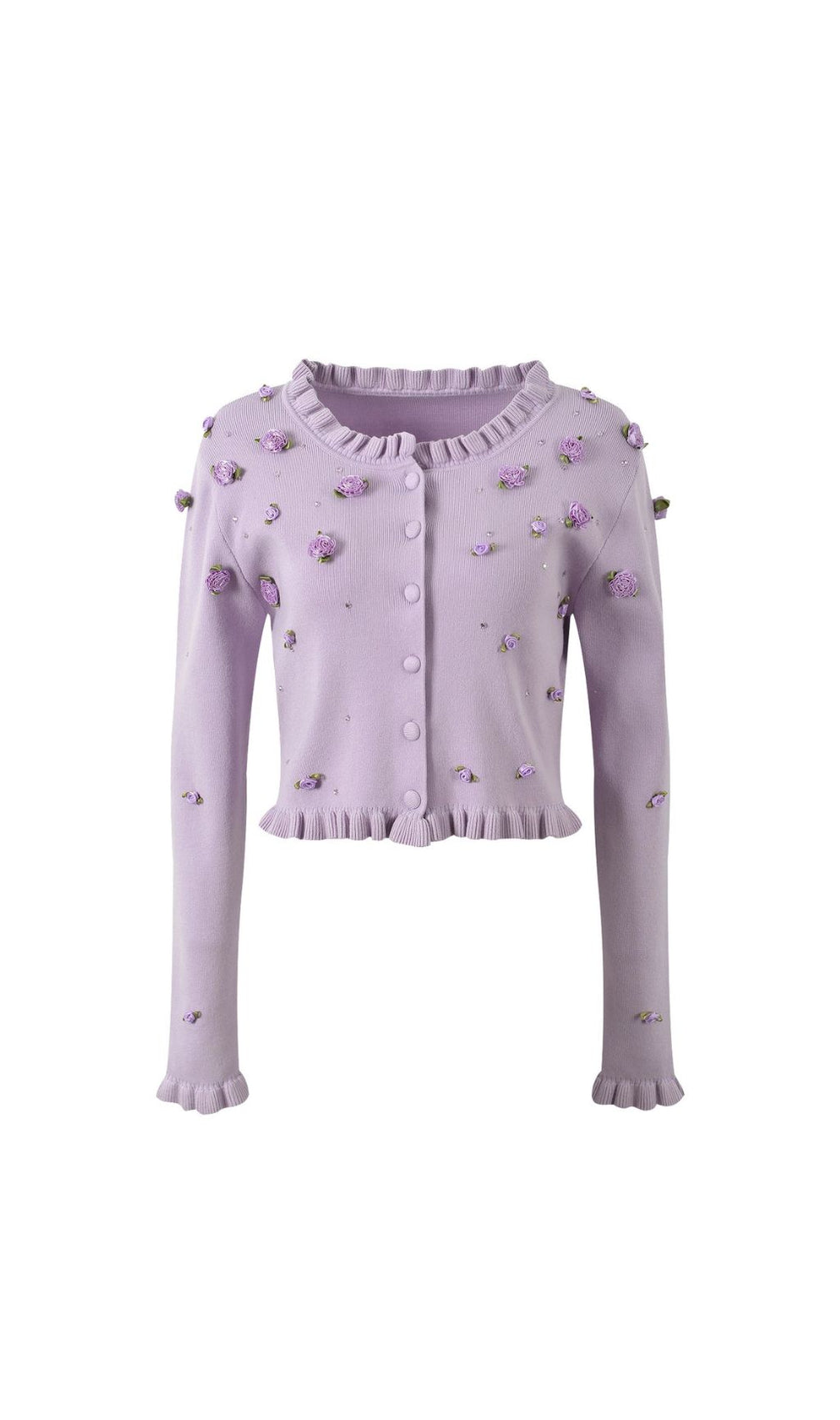 Romantic Lilac Floral Appliqué Knit Cardigan & Midi Dress Set