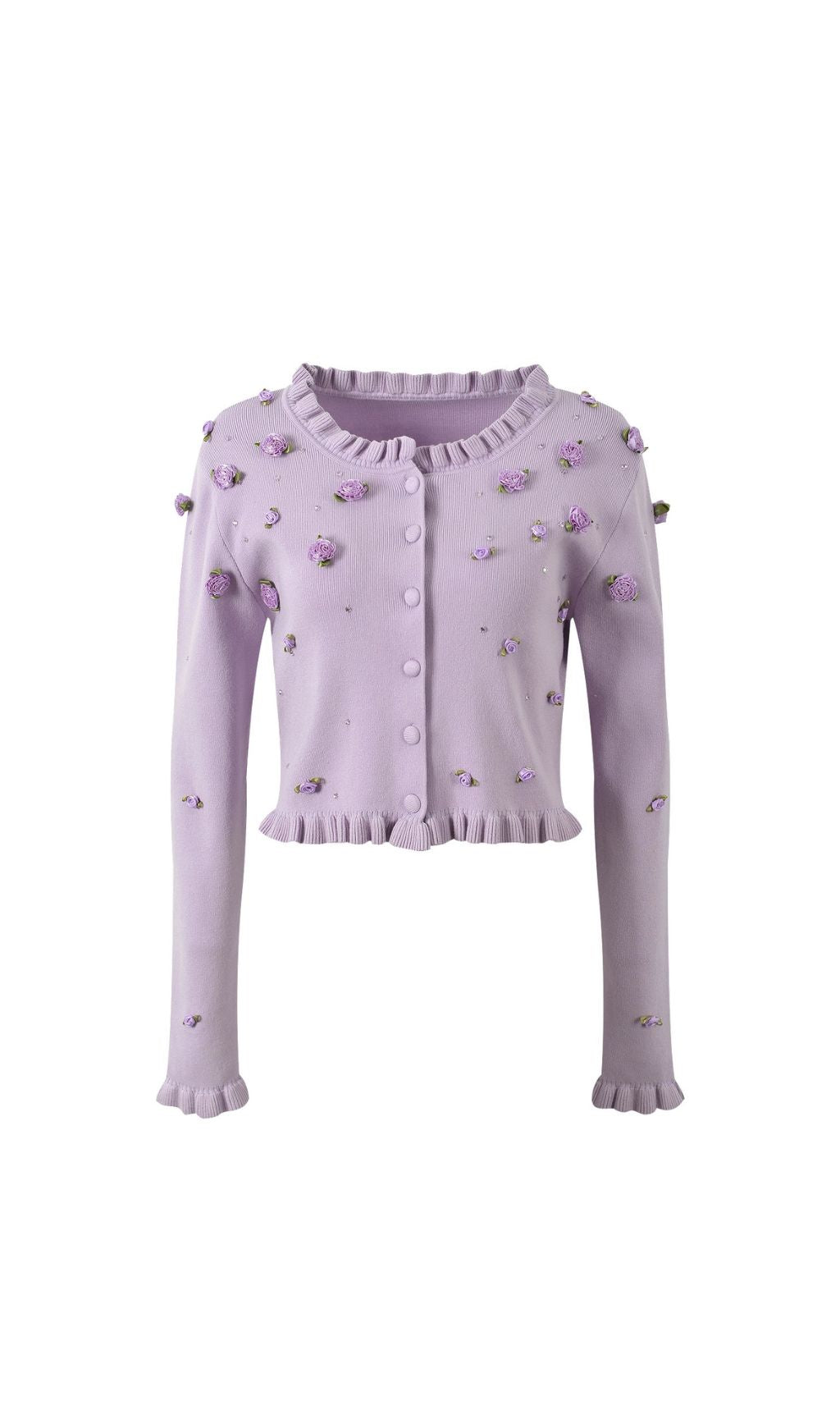 Romantic Lilac Floral Appliqué Knit Cardigan & Midi Dress Set
