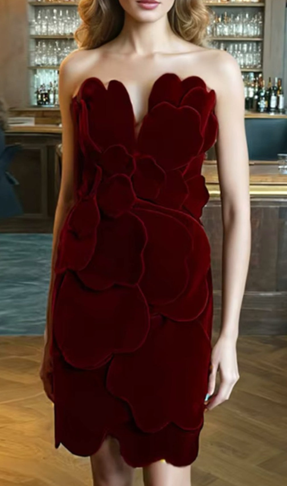 Strapless Leaf Detail Suede Dress