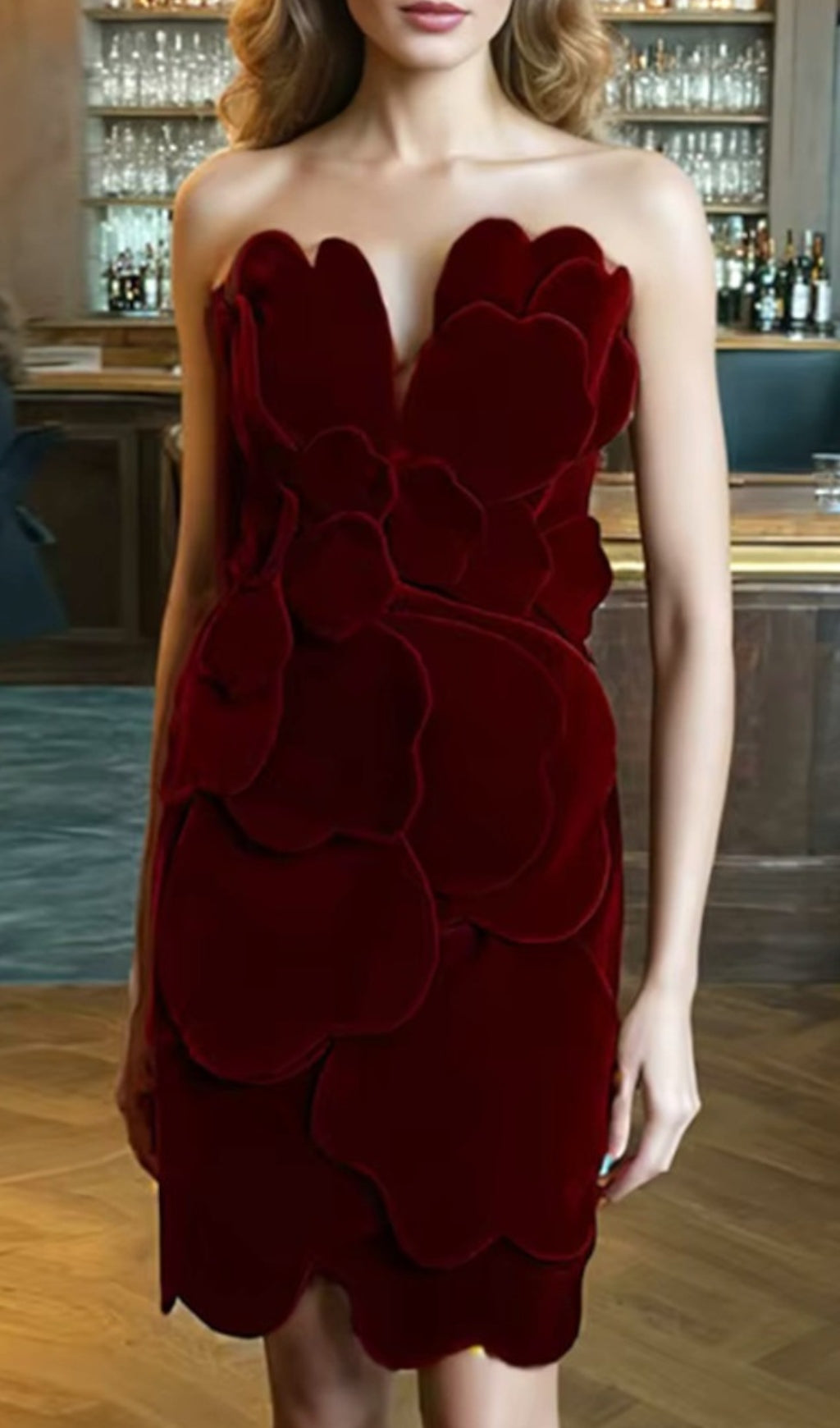 Strapless Leaf Detail Suede Dress