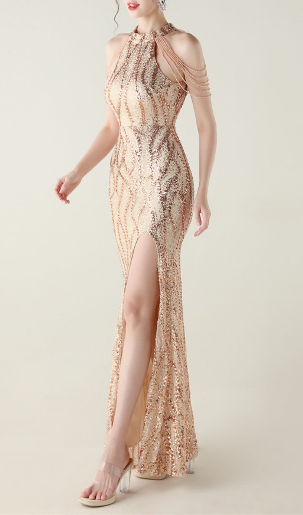 Ikra Glamour Halter Sequin High Slit Maxi Dress - Dazzling Evening Gown