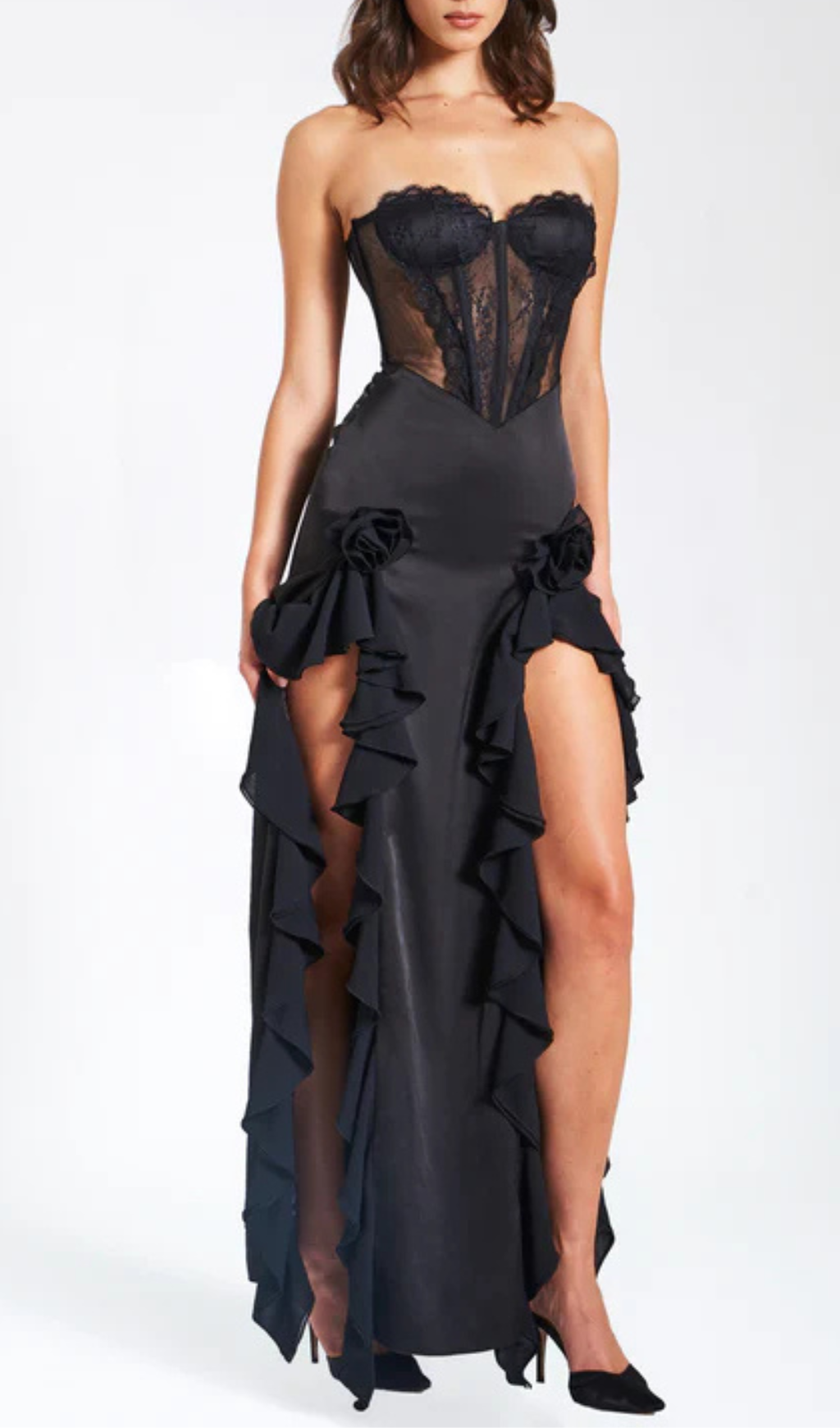 Amélie Black Satin Lace Corset Maxi Dress