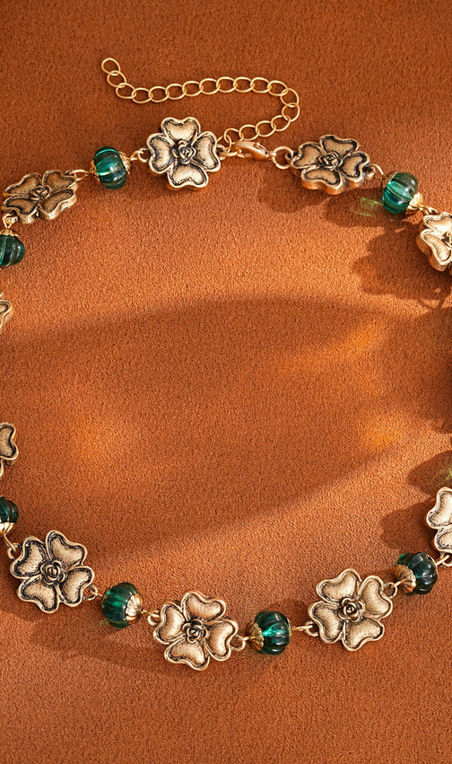Jacoby Vintage Floral & Teal Beaded Choker Necklace for Women