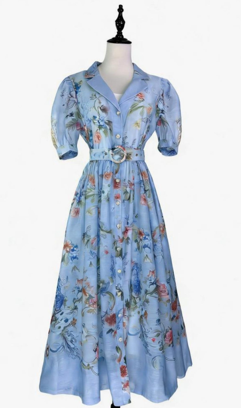 Kary Blue Floral Button-Down Maxi Dress - Elegant Belted Summer Style