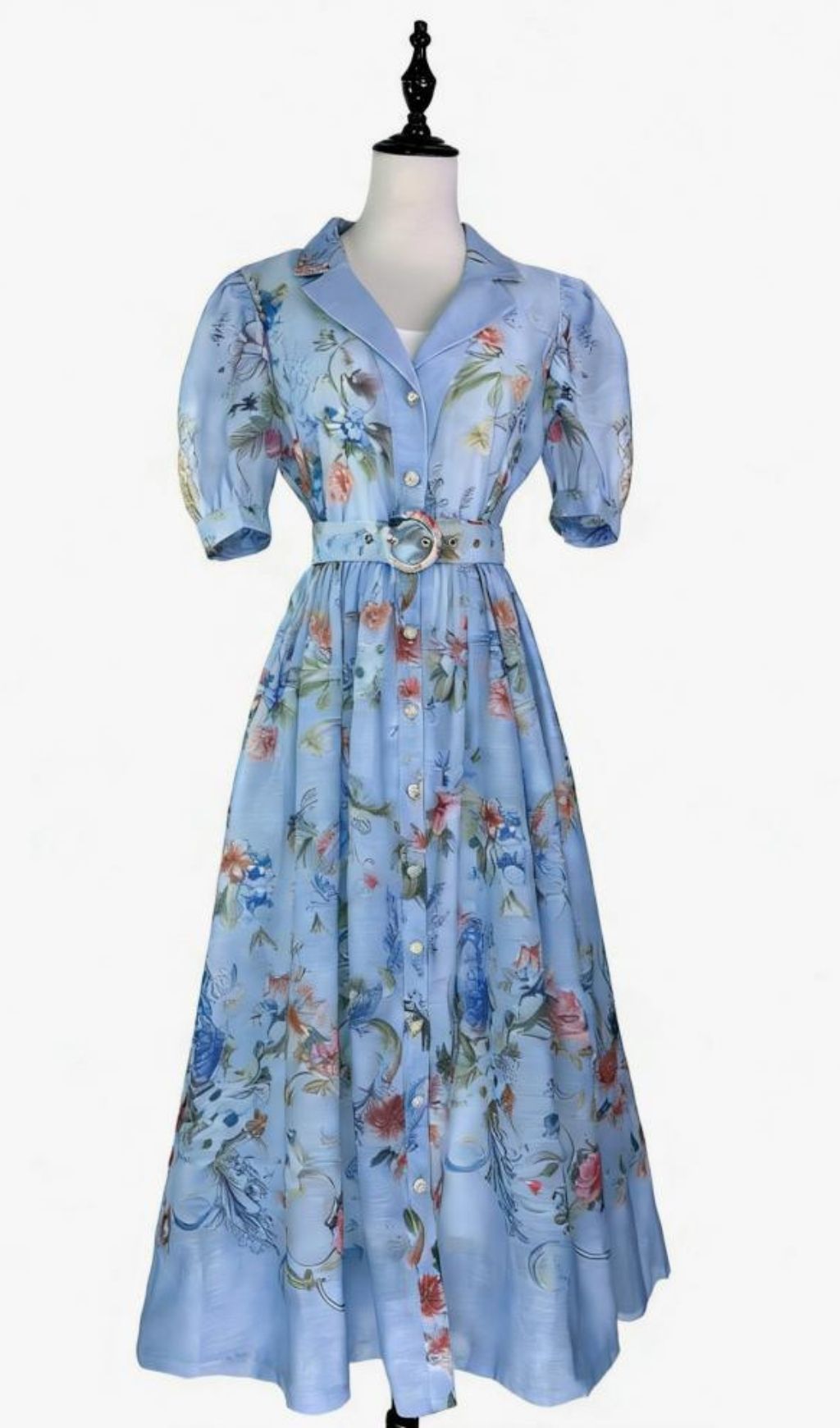 Kary Blue Floral Button-Down Maxi Dress - Elegant Belted Summer Style