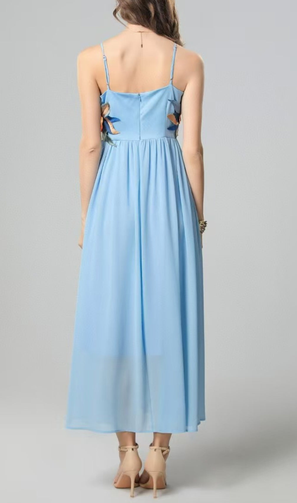 Emanuele Blue Flower Embroidery Maxi Dress