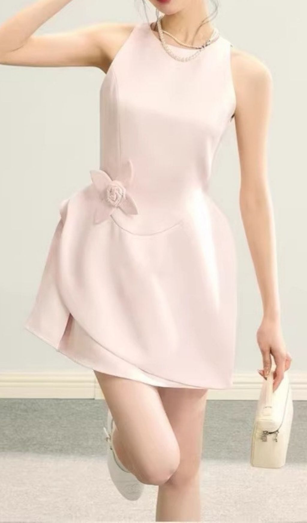 Kini Chic Blush Pink High-Neck Mini Dress with Sculpted Floral Detail