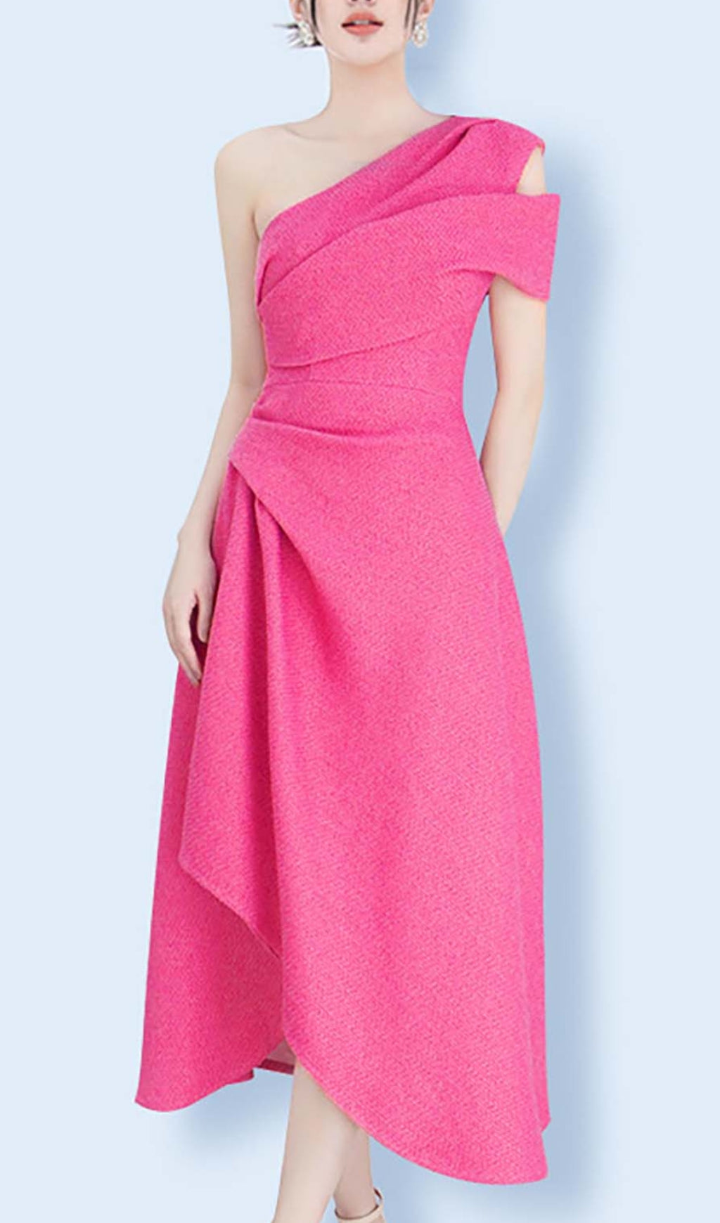 Irregular One-Shoulder Midi Dress In Hot Pink