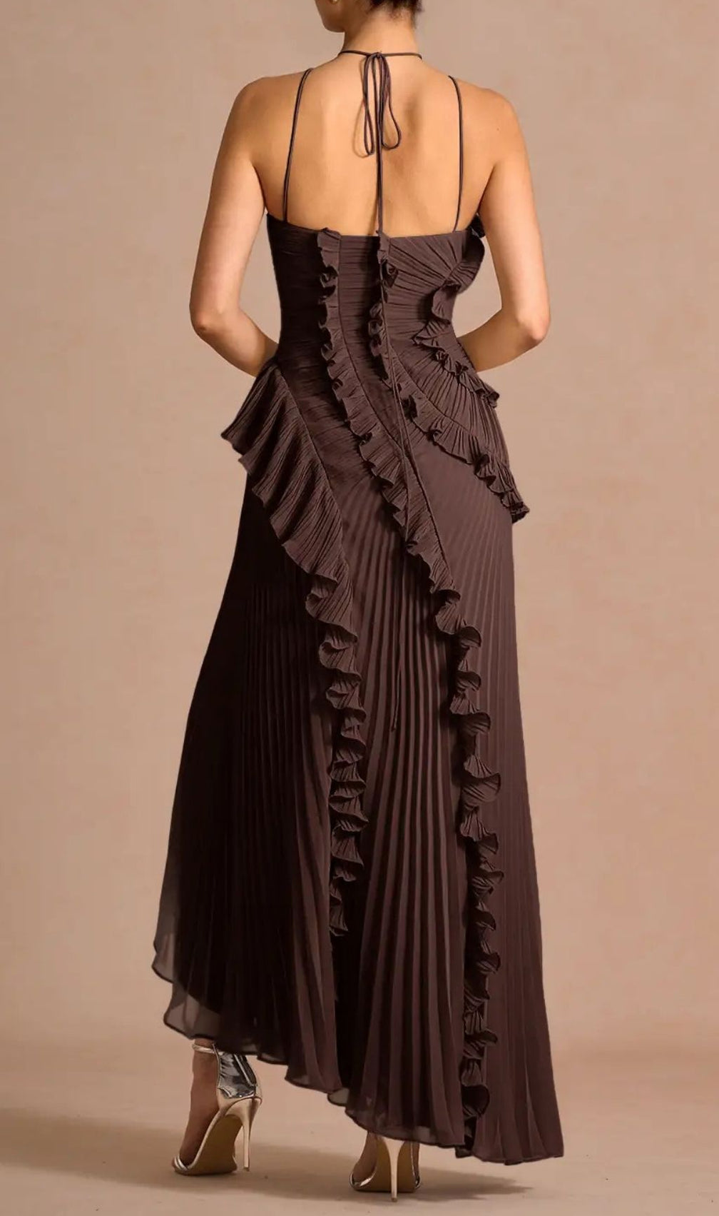 Finneas Brown Halter Pleated Maxi Dress: Ruffled Grecian Glamour