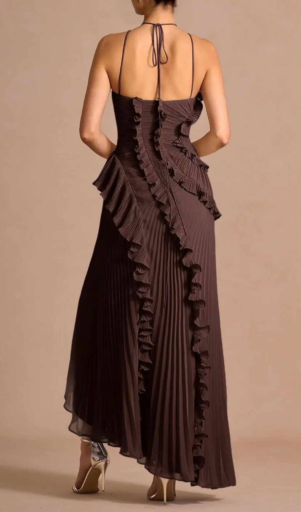 Finneas Brown Halter Pleated Maxi Dress: Ruffled Grecian Glamour