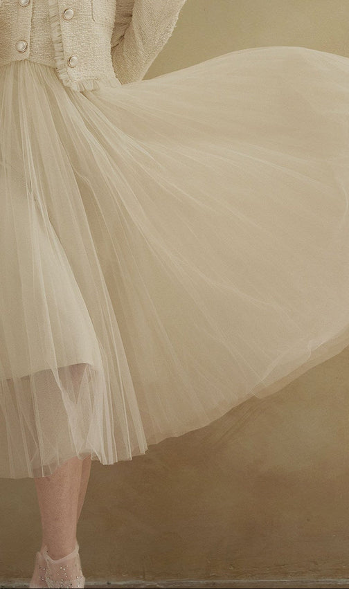 Elegant Beige Tulle Midi Dress | Sleeveless A-Line Gown for Special Occasions