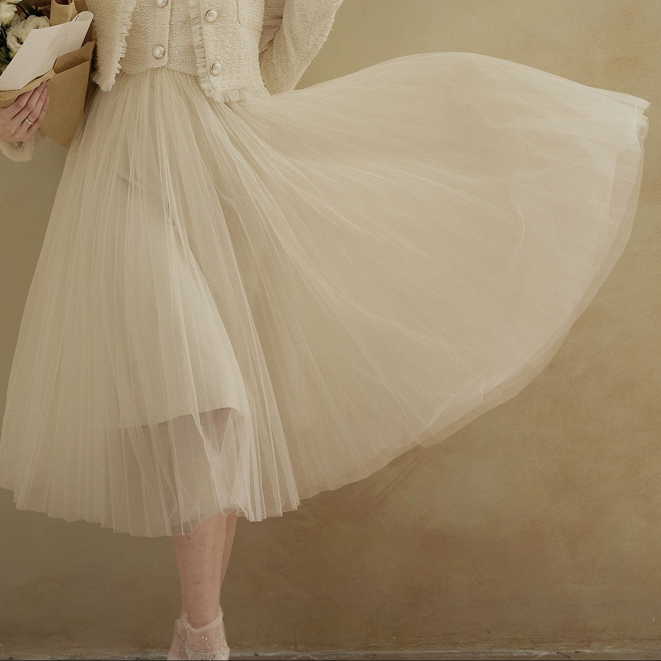 Elegant Beige Tulle Midi Dress | Sleeveless A-Line Gown for Special Occasions