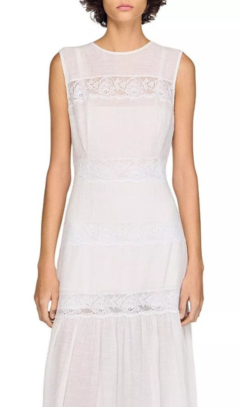 Summer Elegance: White Crepon Maxi Dress with Delicate Lace Trim
