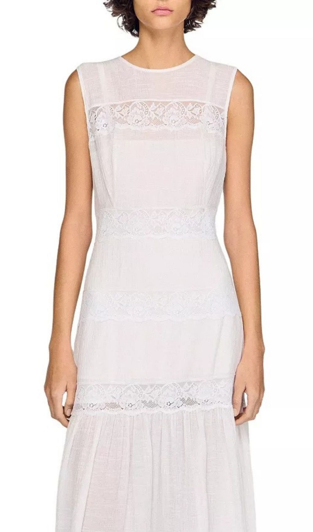 Summer Elegance: White Crepon Maxi Dress with Delicate Lace Trim