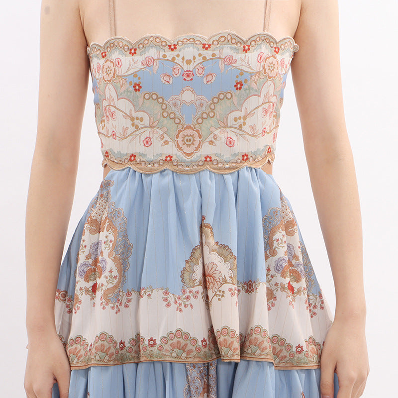 Jevic Serene Blue Bohemian Tiered Maxi Dress - Intricate Print & Strappy Design