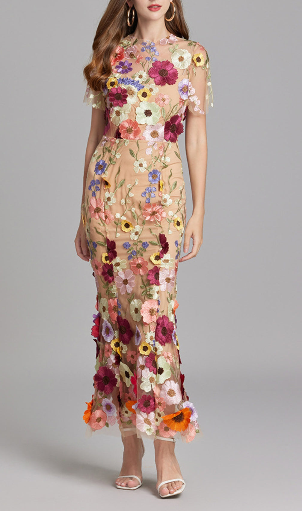 Carol Floral Embroidery Mesh Fishtail Midi Dress