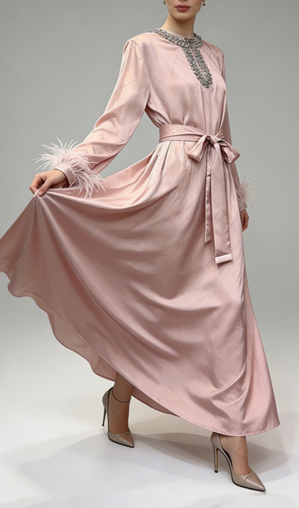 Karuka Opulent Embellished Feather Long Sleeve Maxi Dress