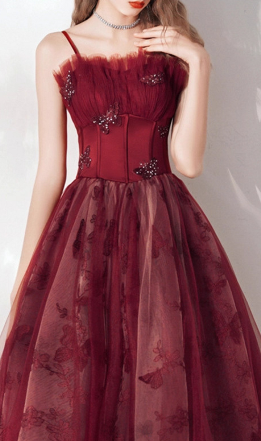 Harriet Red Butterfly Corset Mesh Maxi Dress