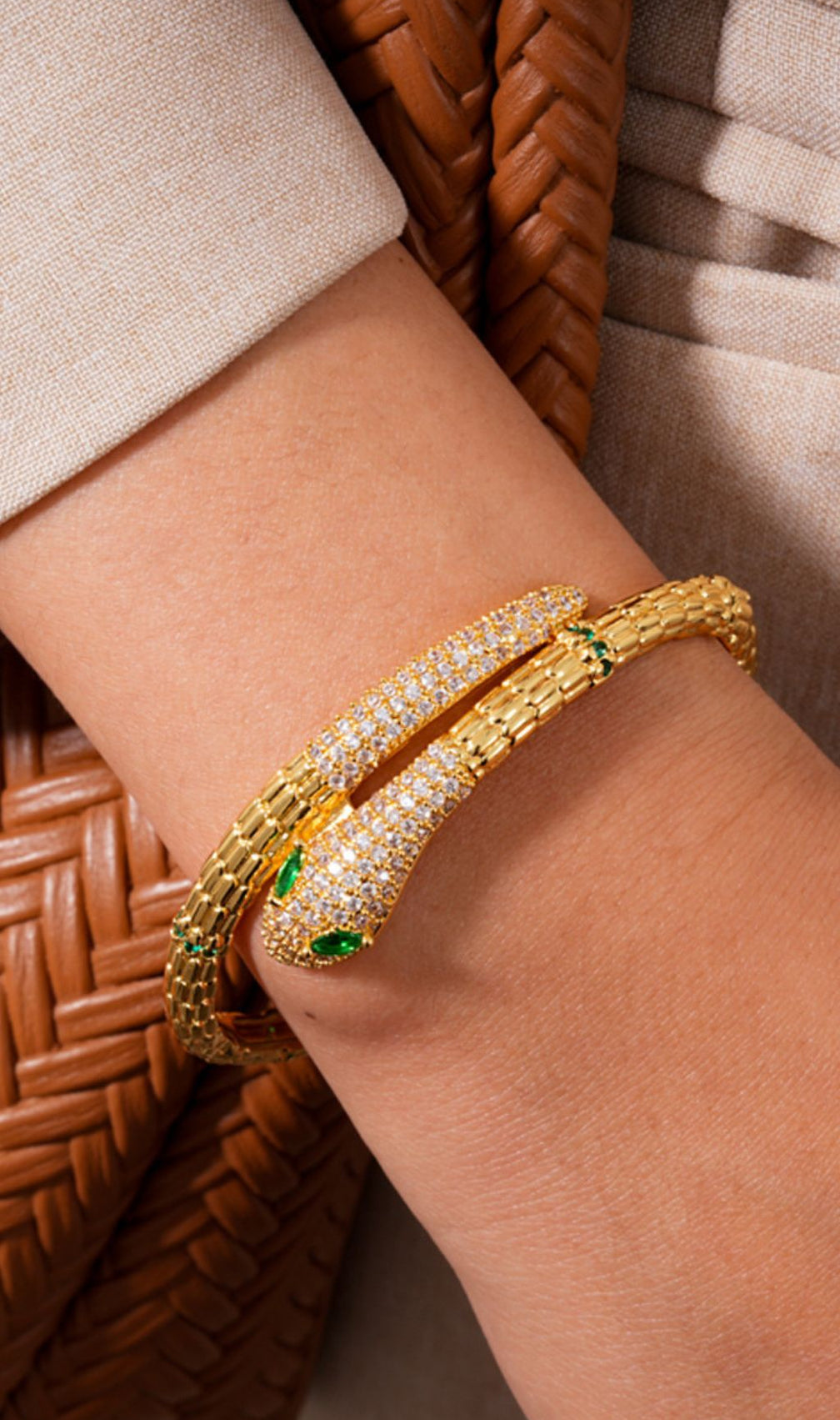 Jonila Dazzling Gold Serpent Bangle with Sparkling CZ & Emerald-Look Eyes
