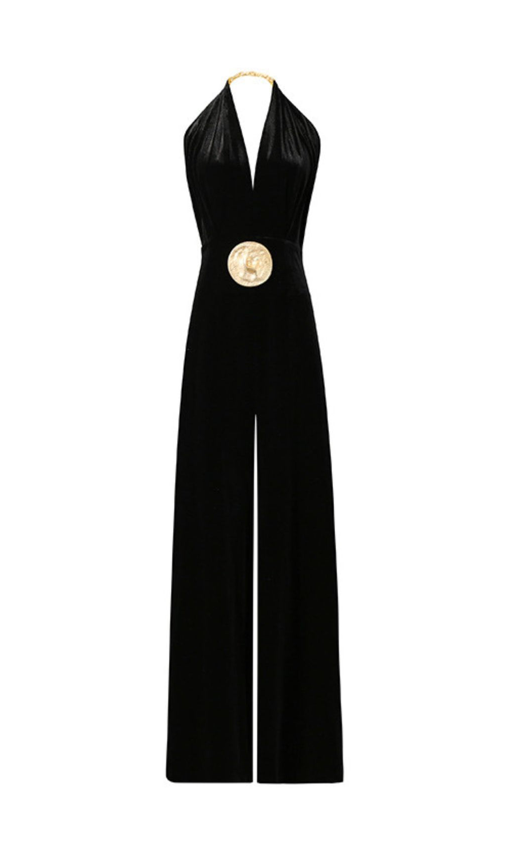 Brytni Halterneck Velvet Jumpsuit | Elegant Wide-Leg with Statement Gold Buckle