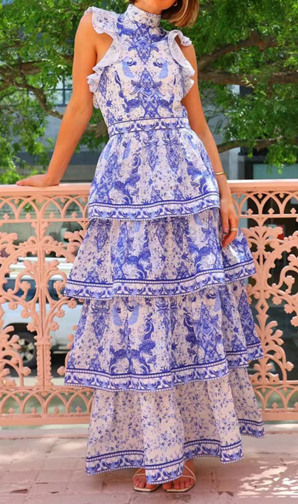 Earlene Blue Printed Layered Maxi Dress