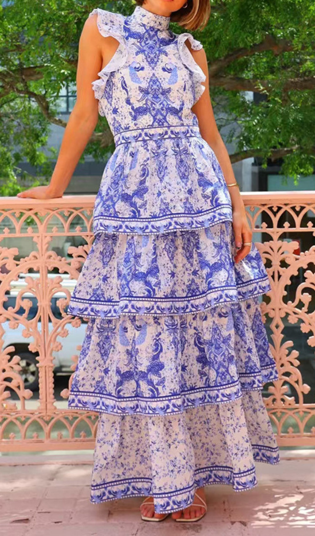 Earlene Blue Printed Layered Maxi Dress