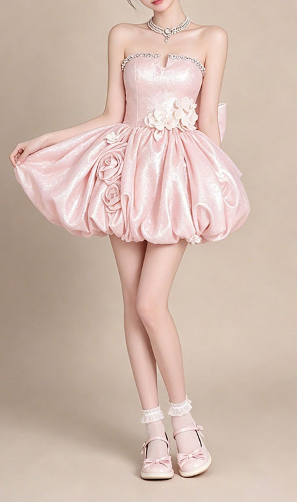 Krishika Pink Strapless Flower Bow Mini Dress