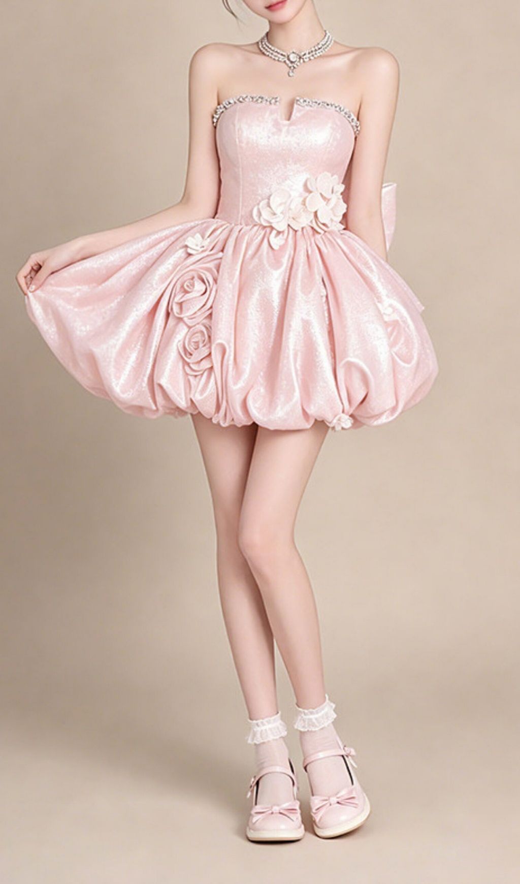 Krishika Pink Strapless Flower Bow Mini Dress