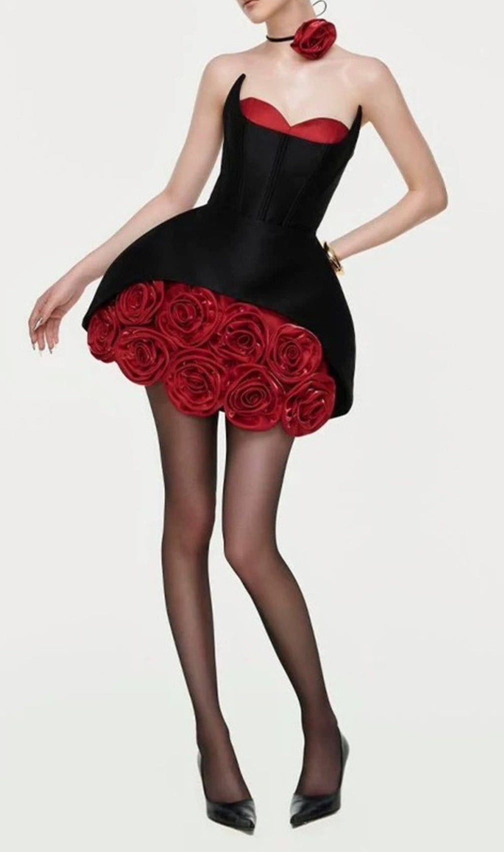 Ildiko Black Strapless Corset Mini Dress with Red Roses | Fierce & Elegant