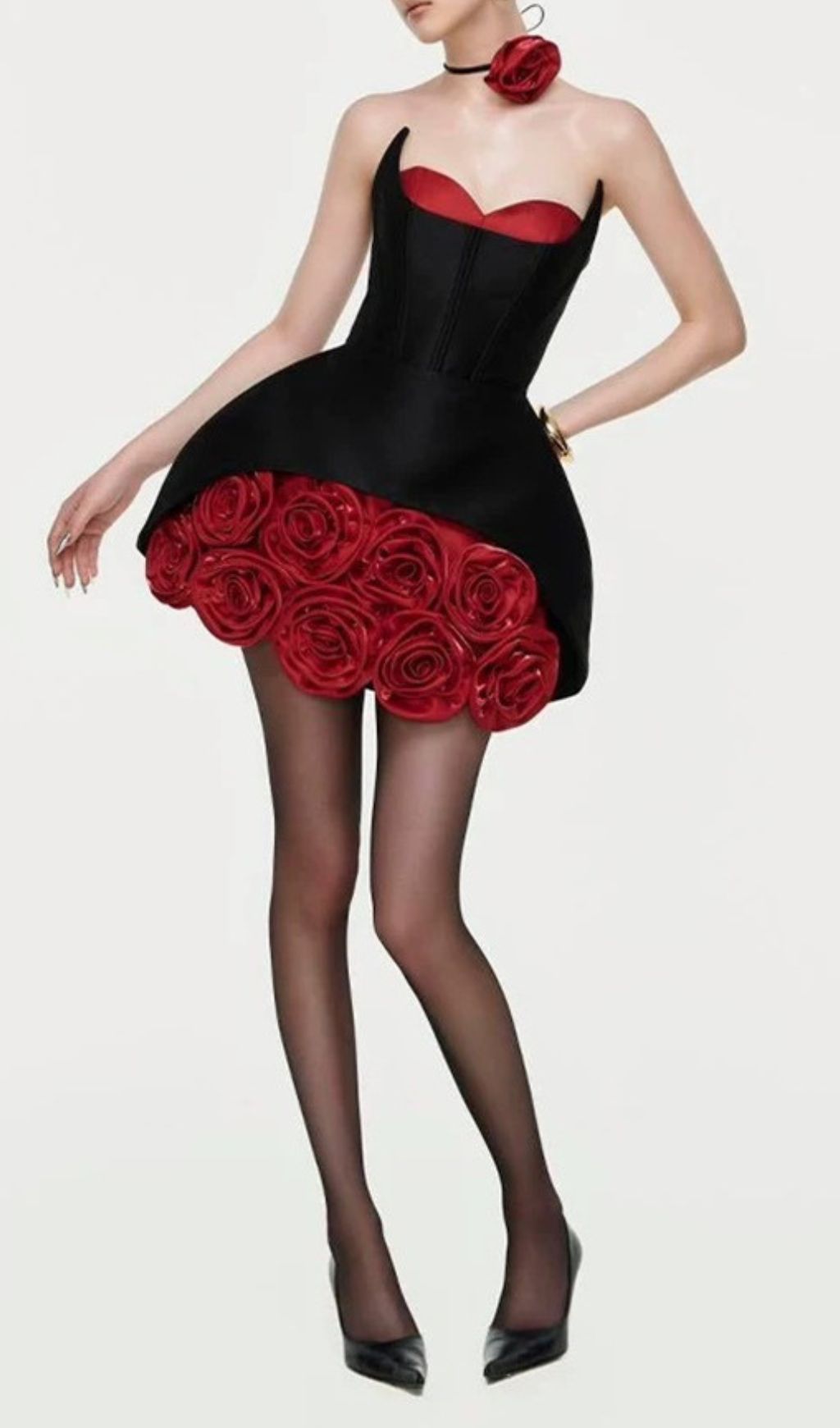 Ildiko Black Strapless Corset Mini Dress with Red Roses | Fierce & Elegant
