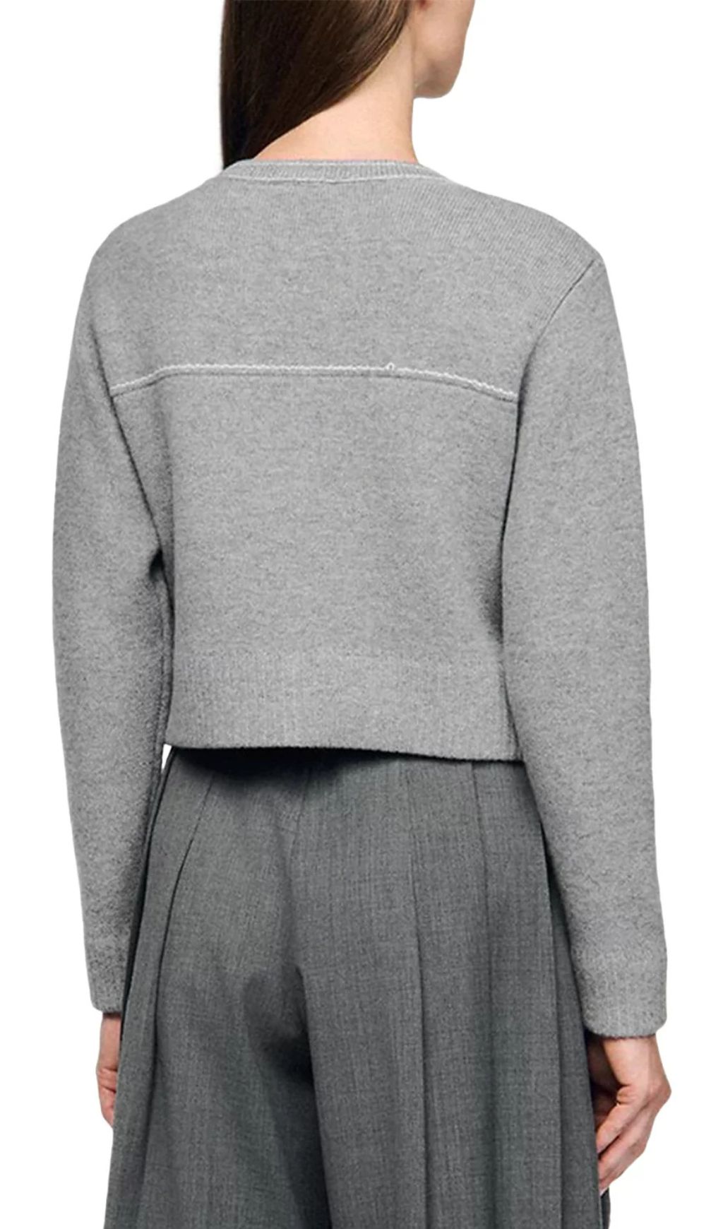Elegant Grey Contrast Stitch Crewneck Cardigan for Women