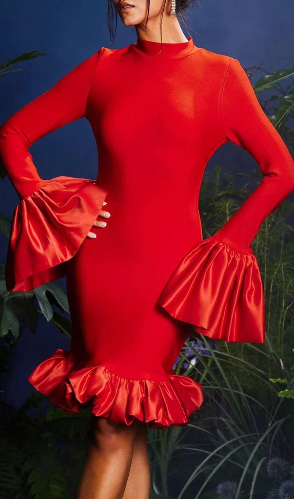 Omiros Flounce Sleeve Bandage Midi Dress