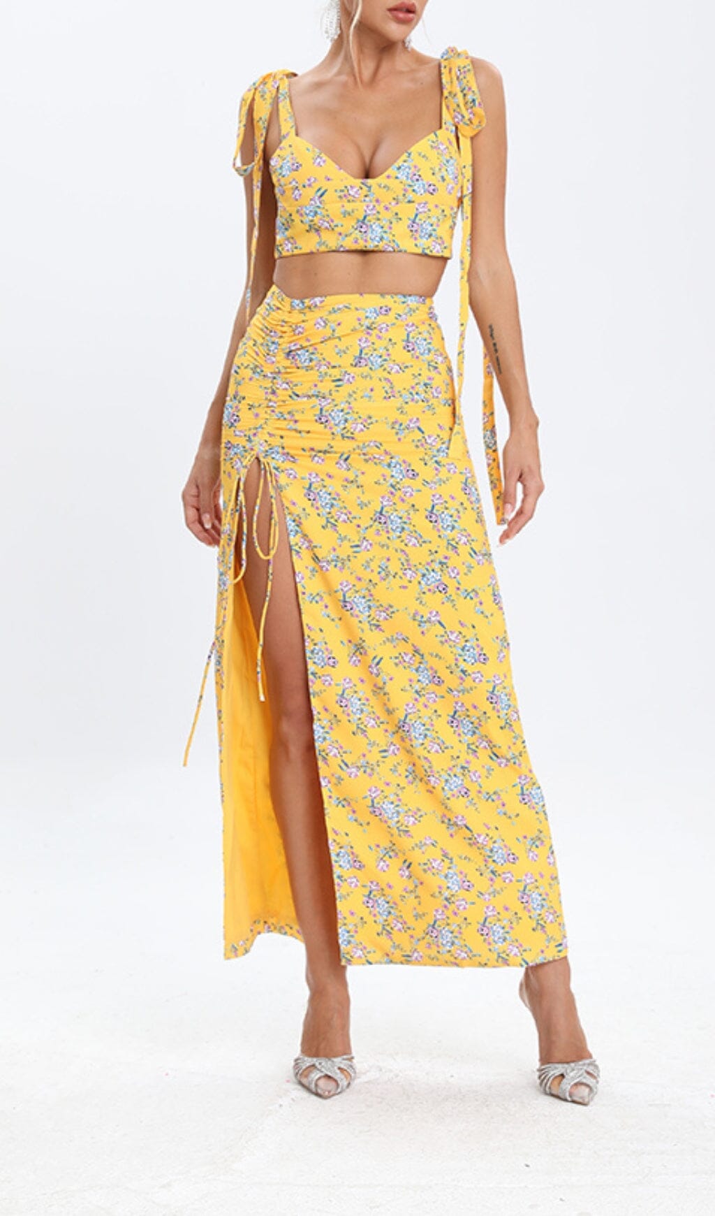 Floral Design Two Piece Set In Yellow