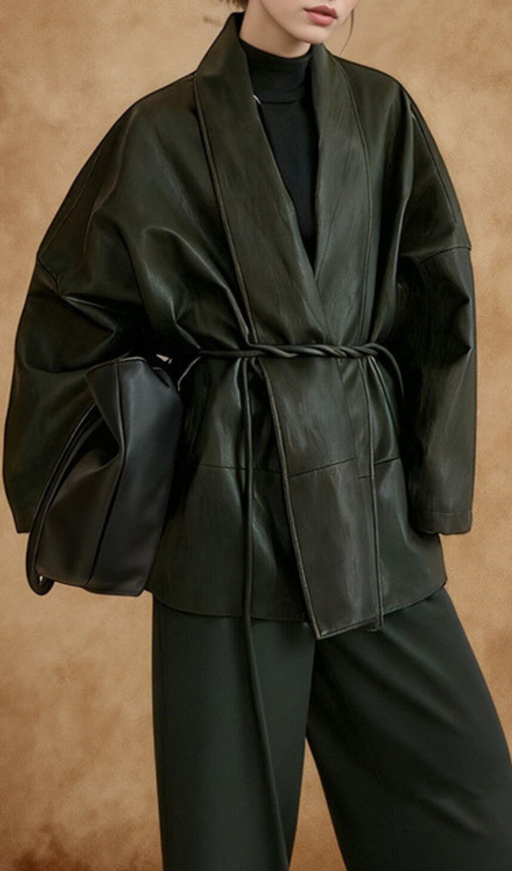 Halia Chic Faux Leather Wrap Jacket | Modern Belted Outerwear