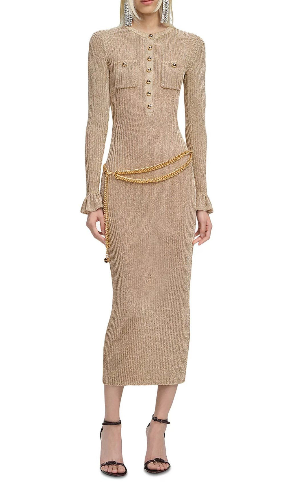 Shimmering Gold Ribbed Knit Midi Dress with Chic Chain Belt
