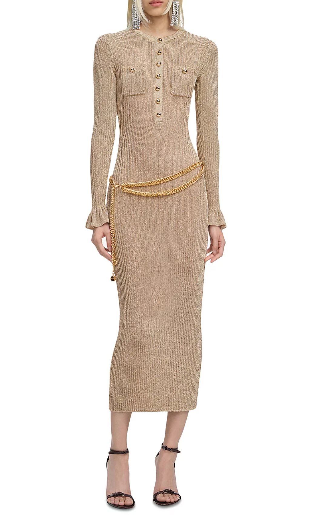 Shimmering Gold Ribbed Knit Midi Dress with Chic Chain Belt