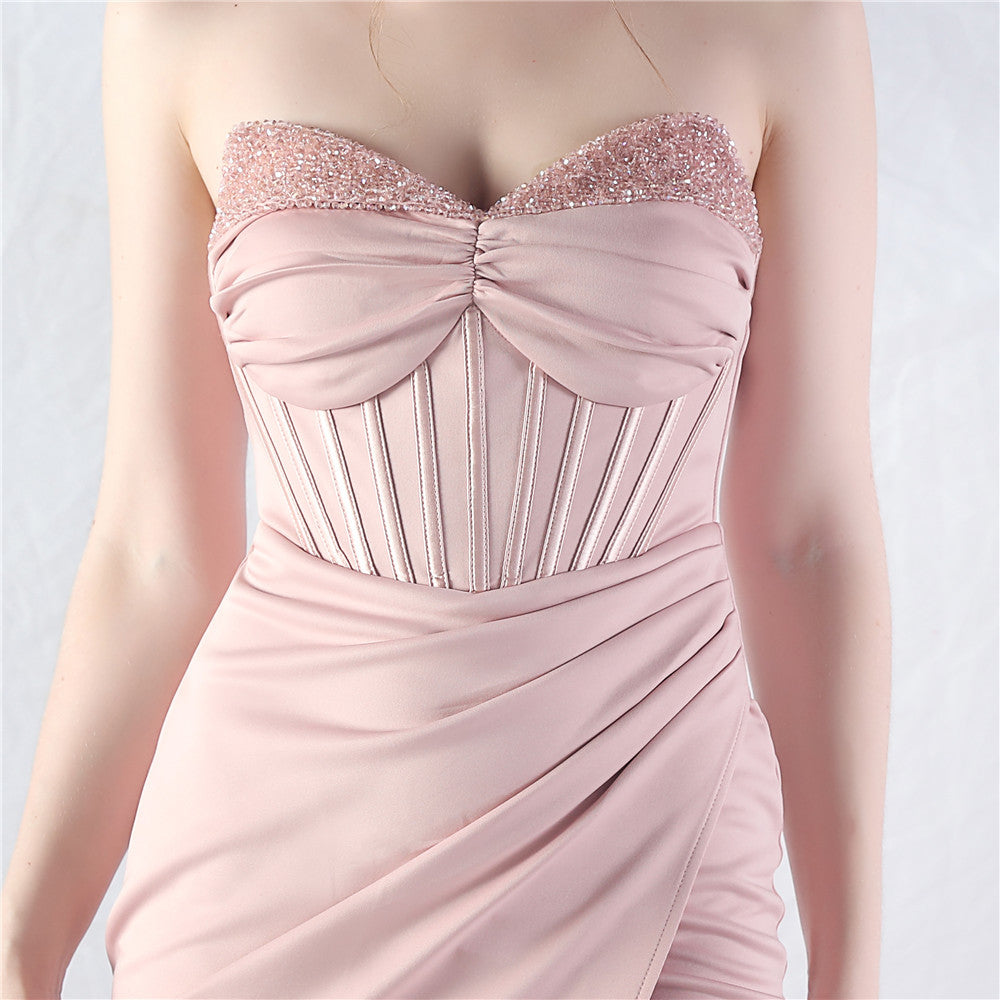 Chizue Pink Strapless Corset Split Maxi Dress