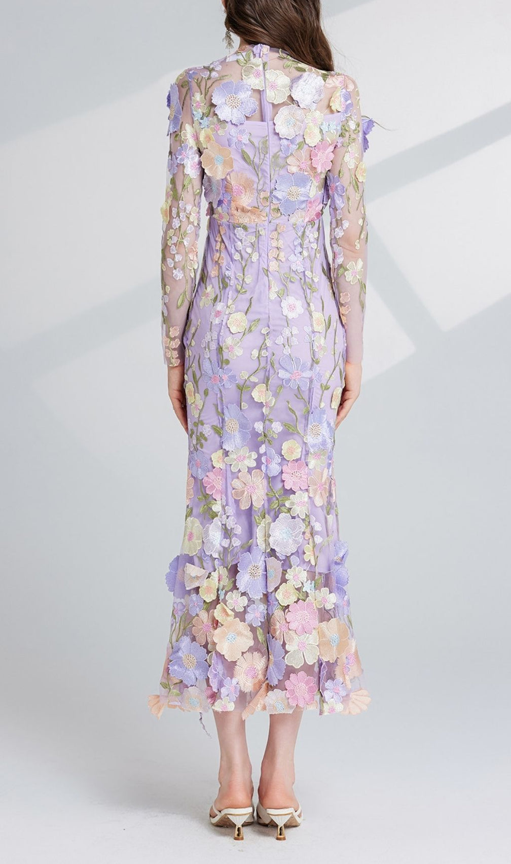 Carol Purple Floral Embroidery Mesh Fishtail Long Sleeve Midi Dress