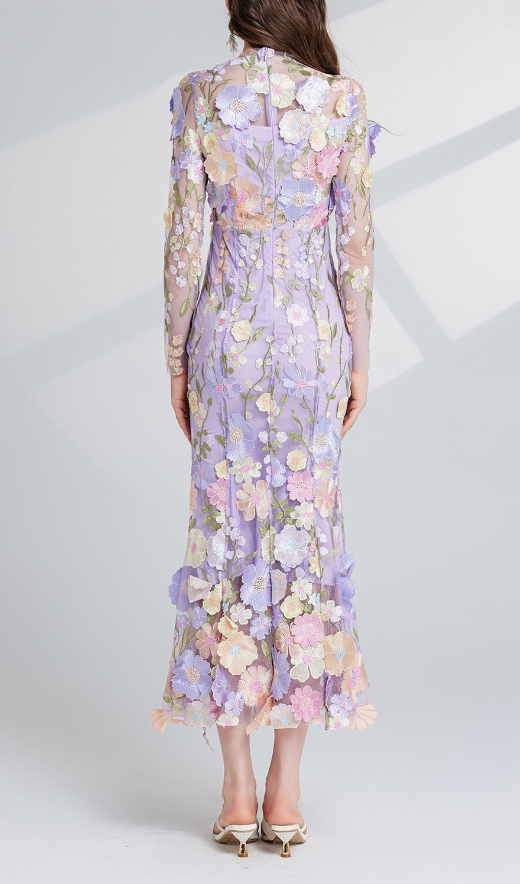 Carol Purple Floral Embroidery Mesh Fishtail Long Sleeve Midi Dress