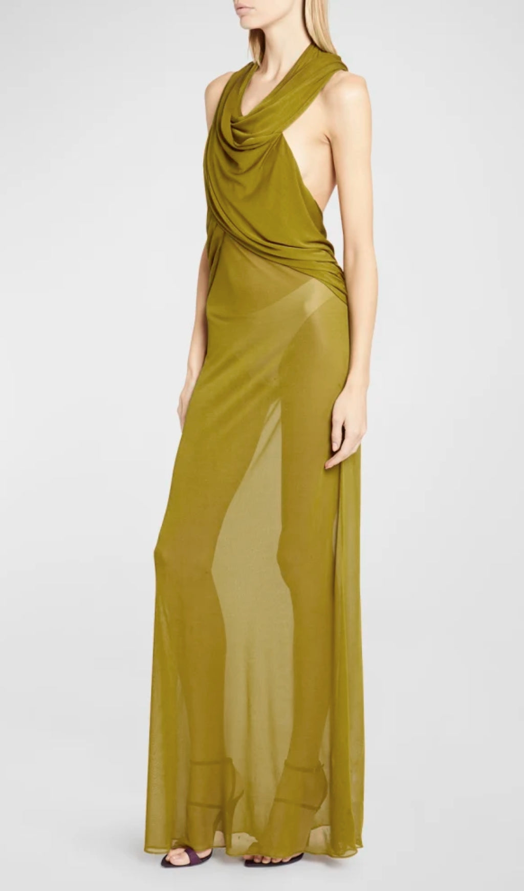 Ginger Yellow Sheer Evening Gown With Draped Hood